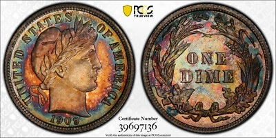 1909 Barber/Liberty Head Dime Certified PCGS PR67 Toned Silver Proof - Image 1 of 4