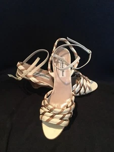 OTTORINO BOSSI ITALY 2 TONED STRAPPY CLOTH AND WOOD HEELED SANDAL-BEIGE/TAN-6.5 - Picture 1 of 4