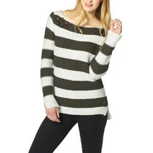 hochwertiger weicher Grobstrick PULLOVER KHAKI WEIß Gr.32/34 Blockstreifen - Bild 1 von 2
