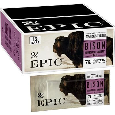 Barra de aperitivos Epic Bison Bacon Cranberry 15,6 oz 12 unidades barra de proteína sin gluten Foto 1 de 4
