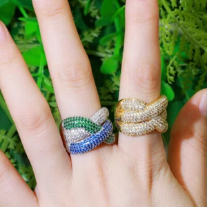 Anillo cruzado irregular ajustable enchapado en plata verde azul para mujer - Imagen 1 de 11