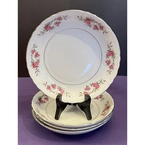(4) Vintage Roslyn Kyoto Japan Soup Bowls Pink Roses Gray Leaves Platinum Trim - Picture 1 of 5