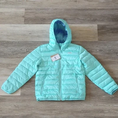 NUEVO CON ETIQUETAS Eddie Bauer Niños Reversible Plumón Puffer Chaqueta con Capucha Azul Teal Talla M Foto 1 de 4