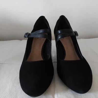 CLARKS DANCER REECE WOMENS BLACK SUEDE COMBI HEELED COURT SHOES UK SIZE 7 - Image 1 of 4