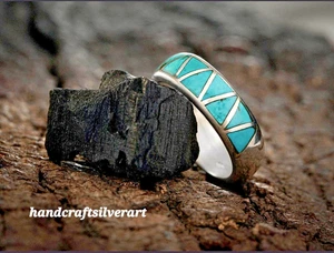 Natural Turquoise InlayRing Inlay Band Sterling Silver 925 Ring Jewelry For Gift - Picture 1 of 6