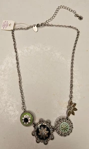 lia sophia Botanica 16" Silver Tone Cut Crystal Enamel Floral Leaf Necklace NWT - Picture 1 of 4