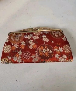 Antique Style 60's Tapestry Wallet Floral Embroidery Clutch Burnt Orange & White - Picture 1 of 2