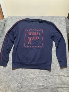 Retro FILA Embossed Sweater Navy Blue Red Logo Jumper Pullover Medium 0775 - Picture 1 of 17