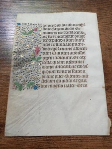 RARE ORIG VELLUM LEAF FLORAL BORDERS WITH GOLD MANUSCRIPT LATIN ABOUT 1490 AD - Picture 1 of 4
