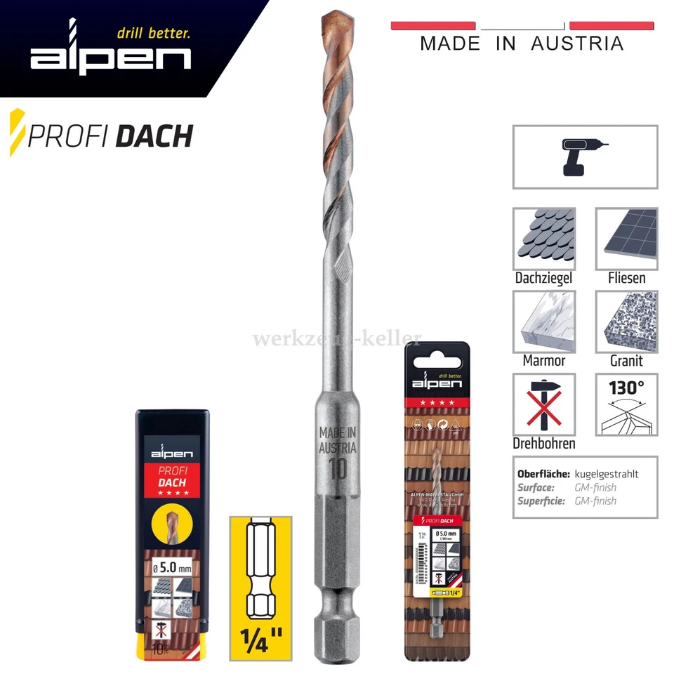 Alpen Profi Dach HM-Dachziegelbohrer 1/4"-6kt | 3,5-6,0mm Fliesen,Keramik,Marmor