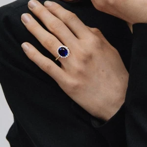 6 Ct Oval Royal Blue Sapphire Lab Grown Diamond Ring Halo ring Yellow Gold - Picture 1 of 6