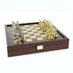 Manopoulos Greek Roman Army small Chess Set - Brass Nickel Pawns - Brown board - Picture 1 of 5