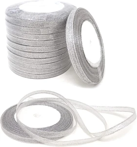 10Rolls 250Yards/228Meters 1/4 Inch Wide Sparkle Silver Organza Ribbons Double S - Picture 1 of 8