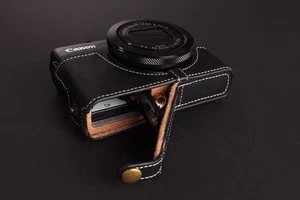 Genuine real Leather Half Camera Case bag Cover for Canon G7X Bottom Open black - Picture 1 of 8