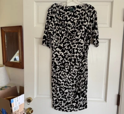 Lauren Ralph Lauren Black White Ruched Sheath Dress 12P Midi 3/4 Sleeve Stretch - Image 1 of 4