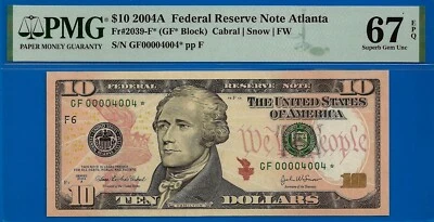 2004A $10 Federal Reserve Note PMG 67EPQ Fancy serial star low number - Image 1 of 3