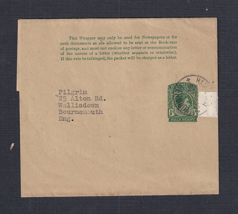 ENVOLTURA DE PAPELERÍA POSTAL 1/2D BERMUDA AÑOS 40 HAMILTON TO WALLISDOWN UK Foto 1 de 1