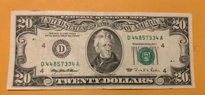 1995 Series $20 Note D4 District S# D 44857334 A - Picture 1 of 2
