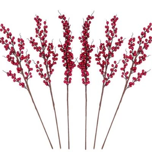 6 Pack Red Artificial Long Berry Stems Fake 25.2" Christmas Picks Faux Holly ... - Picture 1 of 6
