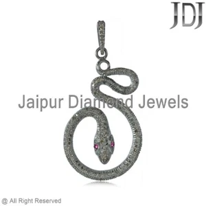 Vintage Jewelry Natural Pave Diamond Ruby Gemstone 925 Silver Snake Pendant - Picture 1 of 3