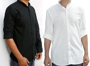 Mens grandad collar 100% cotton long sleeved white & Black Casual Holiday Shirt - Picture 1 of 8