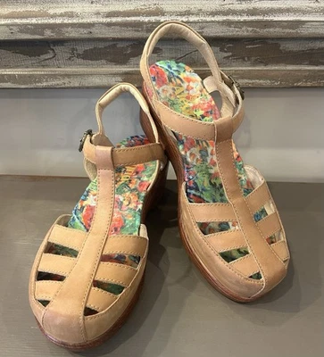 Alegria Cuña Plataforma T Bar Mary Jane Sandalia Zapatos Talla 38 8/8.5 Cuero Marrón Foto 1 de 4