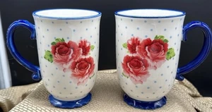 Pioneer Woman Floral Colbalt Blue Coffee Tea Mug Cups 18 oz. EUC Set of 2 - Picture 1 of 4