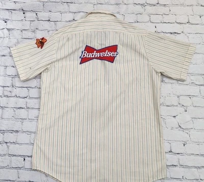 Vintage Budweiser Mens L Pinstripe Button Delivery Work Shirt Logo Patches - Image 1 of 4
