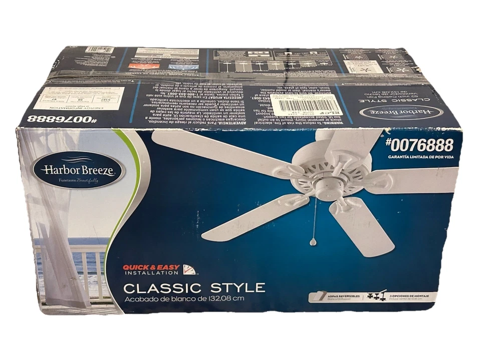 💥New Harbor Breeze Classic White Ceiling Fan 52in 0076888 3 Mount Reversible  - Image 1 of 4