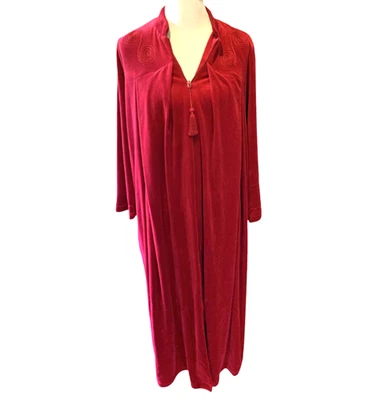 CABERNET 全拉链长袍休闲礼服红色天鹅绒刺绣装饰口袋 Maxi L — 第 1/4 张图片