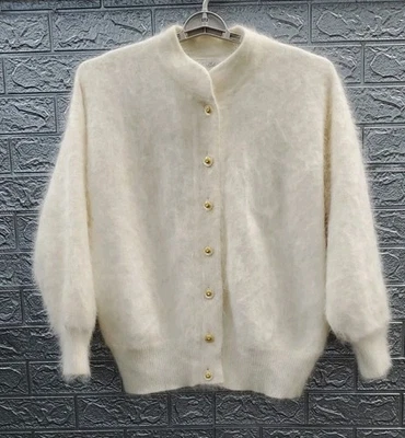 New Belldini Angora Blend Collarless Lined Long 7 Button Jacket Ivory Size S - Image 1 of 4