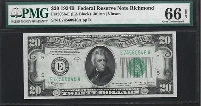 US $20 1934B PMG 66 EPQ UNC Fr #2056-E FRN Richmond Julia/Vinson EA Block - Image 1 of 4