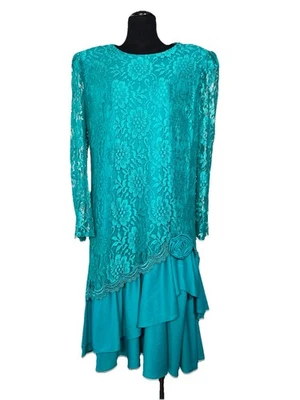 Vintage 80 Teal Lace Dress Flapper Party Tiered Drop Waist Shift David Rose M/L - Image 1 of 4