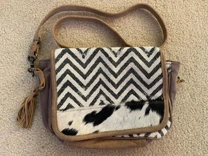 Myra Pattern Canvas & Leather Crossbody Bag Hobo Boho Cowhide Fur - Picture 1 of 8