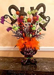 HALLOWEEN CENTERPIECE NOT WREATH CAULDRON WITCH LEGS FEATHER FLORAL DECOR RAZ - Picture 1 of 6