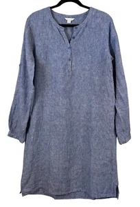 Garnet Hill Blue Linen Shirt Dress 100% Linen Roll Tab Sleeves Casual Sz 10 - Picture 1 of 4