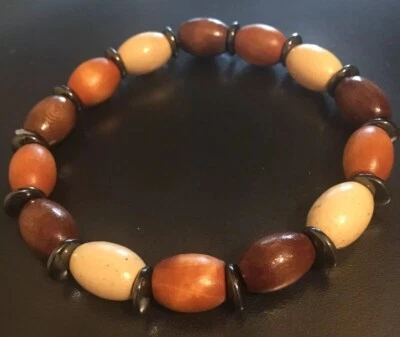 Mens Oval 8" brown wood/Hematite Spacer beaded stretch bracelet Birthday gift  - Изображение 1 из 4