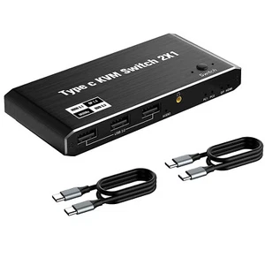 USB C KVM Switch 100W PD Charging Port Switcher 2x1 8K For 2 Laptop 1 Monitor - Photo 1/13