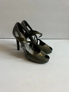 OH DEER! Women Open Toe Heels Sliver Sequin Gray Olive Patent Leather Shoes SZ 7 - Picture 1 of 5