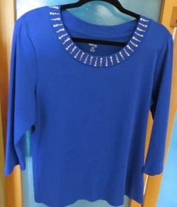 Style & Co Sz PXL Royal Blue Scoop Neck Cotton Tee Top, Crystals Rhinestones - Picture 1 of 8