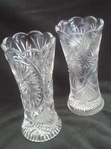 Flower vases x 2, clear glass, German, pinwheel decor, scalloped, 1940s vintage - Picture 1 of 12