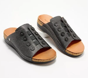 Revere Antalya Leather Button Slide Sandals Black Linen 7/M New - Picture 1 of 1