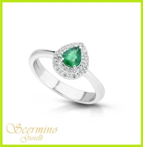 ANELLO ORO BIANCO 18K: VERO SMERALDO E DIAMANTI NATURALI 0.27 CARATI CERTIFICATO - Foto 1 di 4