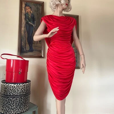 Винтажный 80-х вампи диско в плаще гроб драпированная помада красный Джерси платье M - Изображение 1 из 4