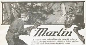 Man Hunting Bull Moose w/MARLIN Model 1893 Repeating Rifle Vtg 1905 Gun Print Ad - Picture 1 of 2