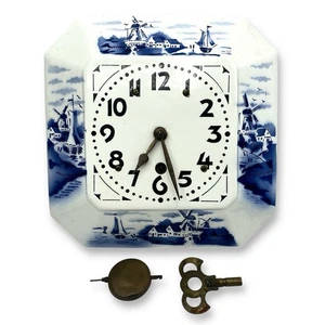 BLUE WHITE CERAMIC Wall Clock Key Pendulum Dutch Windmills ~READ 🔥!SALE!🔥 - Picture 1 of 19