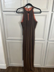 Y2K Vtg Evening Dress Maxi Size 8 Glitter Formal Prom Beaded Collar Bronze - Picture 1 of 14