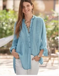 Sundance Katina Camicia Tunica Blusa 100% Lino Pintuck Blu Relaxed Langelook S - Foto 1 di 6