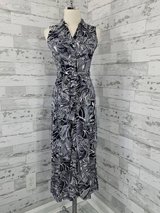 Talbots Knit Jersey Button Front Belted Midi Dress Navy Blue Floral Women Petite - Picture 1 of 11