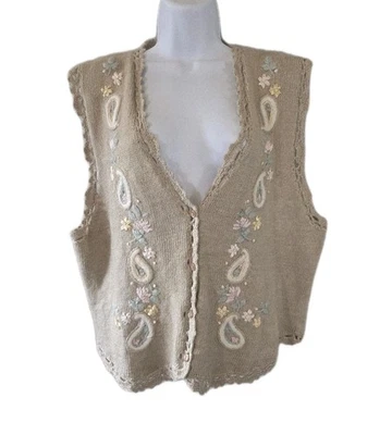 Colete Suéter Feminino Jantzen Médio Bronzeado Bordado Crochê Vovó CottageCore - Imagem 1 de 4
